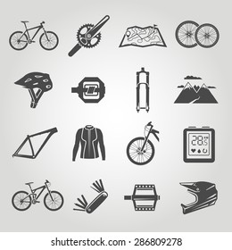 Simple black icons set. Mountain bike. Set 4