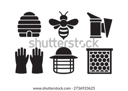 Simple black icons showcase beekeeping tools and related imagery for agricultural practices.