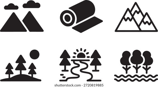Simple black icons showcasing different natural elements like mountains, trees, and water bodies on a clean white background, symbolizing various aspects of the environment and outdoor scenery.