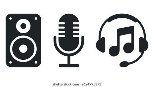 Simple black icons of a speaker, microphone, and headphones with a music note, representing audio and music production.