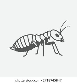 Ilustración negra simple de una hormiga sobre un fondo blanco con antenas y patas