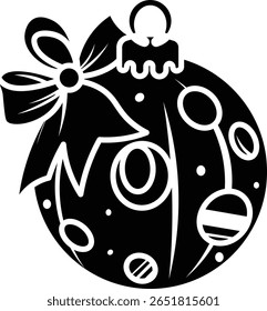 A simple black illustration of a Christmas ornament with a bow. Perfect for holiday cards or decorations vector icon solid style.