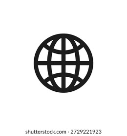 A simple black illustration of a globe on a white background.