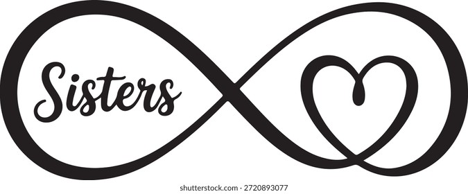Ein einfaches schwarzes Unendlichkeitssymbol mit einem Herz und einem Schwestertext, der die ewige Bindung und Liebe zwischen Schwestern darstellt.