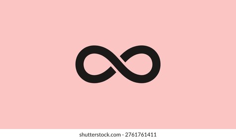 A simple black infinity symbol is prominently displayed on a soft, pale pink background. The image evokes concepts of eternity, endlessness, and limitless possibilities.