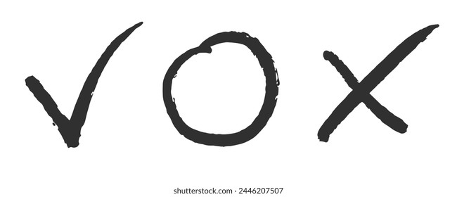 Simple black ink check mark, circle, and cross symbols on a white background, representing choice or decision.