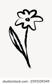 Simple black ink drawing of a flower with two leaves. Minimalist flower design in black ink. Hand-drawn flower illustration with a simple, artistic style. Doodle illustration vector.