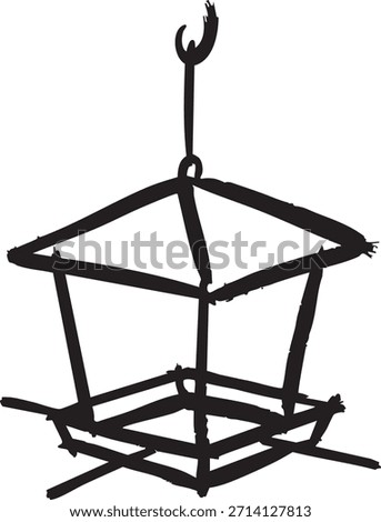 A simple black ink drawing of a suspended square feeder frame hanging from a hook.