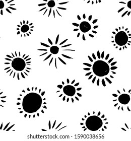 Simple black ink scattered flowers hand drawn vector seamless pattern. Dry brushstrokes creative printmaking texture. Minimal suns monochrome background. Decorative wallpaper, textile design idea