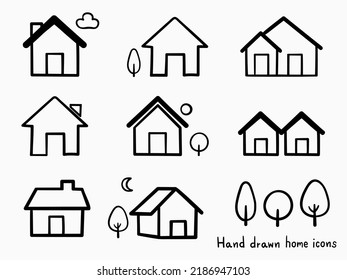 simple black  isolated  hand drawn lines, doodle of home silhouette symbols for icons, banner, label, button, background, wallpaper, web, cover etc. vector design.