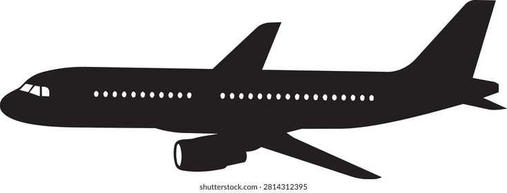 A simple black jetliner shape in side view ideal for travel and aviation concepts. Use for business trips or global transport.