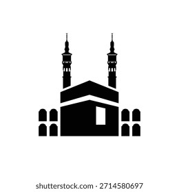 Silueta negra simple de la Kaaba con los minaretes gemelos para el icono islámico, el cartel del Hayy Umrah y el diseño religioso del Vector