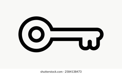 Simple black key icon on white background. Key symbol for security, access, and unlocking. Minimalist key design for digital or print use. Key illustration. User interface icon vector.