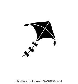 A simple black kite illustration with internal line details, decorated with small bows on the tail string, ideal for minimalist design or graphics projects.