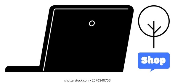 Simple black laptop design, minimalistic tree icon, and blue speech bubble with the word shop. Ideal for technology, online shopping, e-commerce, minimalism, and environmental themes. Clean vector