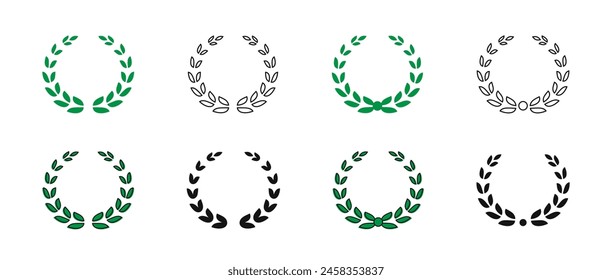 Simple black laurel wreath. Set black silhouette circular laurel foliate, wheat and oak wreaths. Emblem floral greek branch