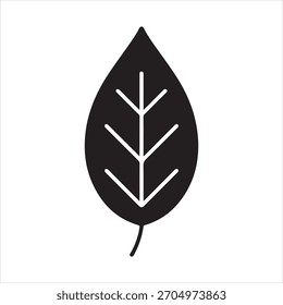 Icono de hoja negro simple con venas blancas. Representa la naturaleza, el crecimiento, la ecología y los conceptos orgánicos. Diseño limpio y minimalista.