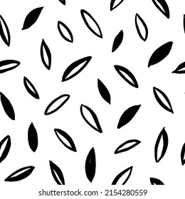 Simple black leaves seamless pattern. Hand drawn vector botanical element. Modern abstract pattern with small plants. Jungle geometric ornament with stylized leaves. Botanical organic background