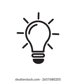 Simple black light bulb icon with radiating lines, symbolizing a bright idea or innovation. Clean vector design perfect for apps, infographics, branding, or creative thinking themes.