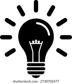 Un simple icono de bombilla negra con rayos que emanan de ella, sobre un fondo blanco, ideal para su uso en materiales digitales e impresos para representar ideas e inspiración