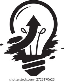 Simple black lightbulb icon with upward arrow inside, symbolizing creativity and innovation, on a clean white background