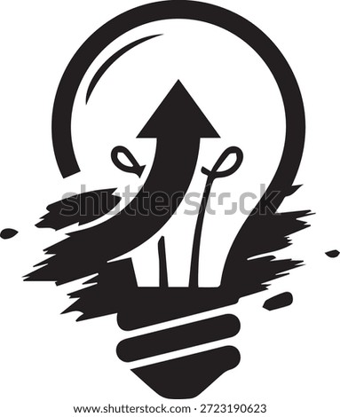 Simple black lightbulb icon with upward arrow inside, symbolizing creativity and innovation, on a clean white background