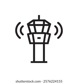 Simple black line art of an air traffic control tower with radiating signal waves, perfect for aviation, communication, and navigation designs.