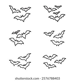 Simple black line art bat silhouettes icon. A graphic icon design of black line art bat silhouettes against a white background. 