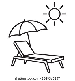 Simple black line art of a beach lounge chair and umbrella under a sun