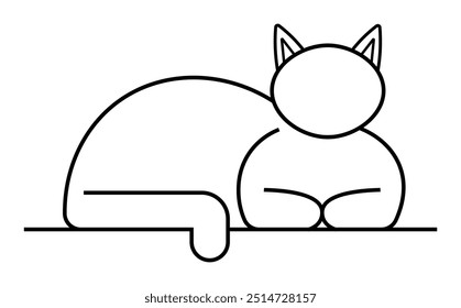 Simple black line art of a cat lying down, emphasizing geometric shapes and minimal detail. Ideal for pet lovers, minimalist designs, wall art, children's books, and logo design. Clean, geometric