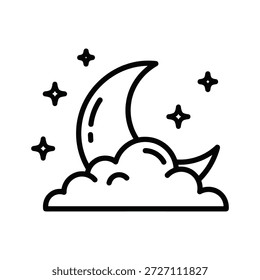 Simples arte da linha preta de uma lua crescente e estrelas em uma nuvem