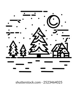 Dibujo de arte de línea negra simple que representa una casa y árboles en invierno