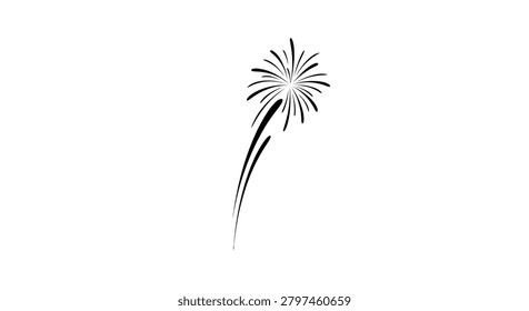 A simple black line art drawing of a single firework bursting in the air against a plain white background