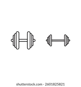 Simple black line art dumbbells.Two simple line art dumbbell illustrations, one slightly larger than the other, against a plain white background.