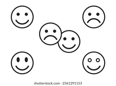 Simple black line art emoticons of happy and sad faces. Happy and sad emoji smiley faces line art icon.