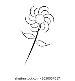 A simple black line art of a flower with curved petals, two pointed leaves, and a slender stem on a white background