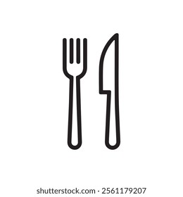 Simple black line art of a fork and knife side by side on a white background. Perfect for restaurant, menu, or culinary branding projects.