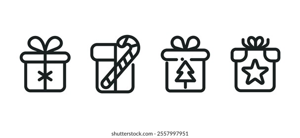 Simple black line art gift box icons for Christmas or general gift-giving. Four simple, black-line art icons depicting gift boxes.