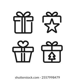 Simple black line art gift box icons for Christmas or general gift giving