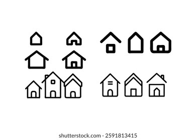 Simple Black Line Art House Icons for Real Estate or Design