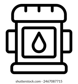 Icono simple de arte de línea negra que representa una estufa de camping portátil con un símbolo de caída de combustible