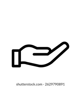 Simple black line art icon of an open hand, symbolizing giving, receiving, support, and care.