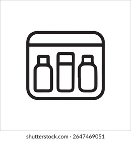 A simple black line art icon depicting a portable container with three different sized and shaped bottles inside, suitable for representing travel kits, medical supplies, or organized liquid storage.
