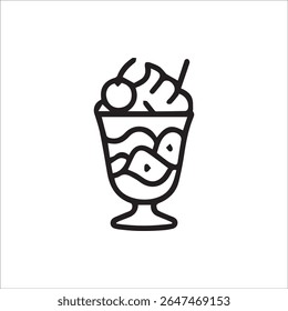 A simple black line art icon featuring a sweet dessert served in a tall glass, complete with layers, whipped topping, and a cherry garnish, ideal for menus or sweet treat illustrations.
