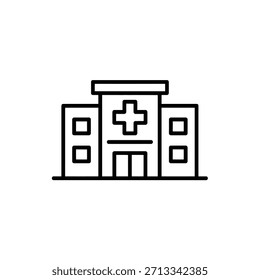 Simple black line art icon of a hospital building with a cross symbol