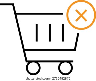 Ícone simples de arte de linha preta representando um carrinho de compras vazio com um símbolo proeminente laranja de cancelamento ou remoção