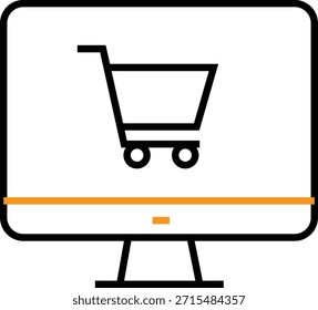Einfaches Schwarz-Linien-Kunstsymbol, das einen auf einem Computerbildschirm angezeigten Online-Warenkorb darstellt