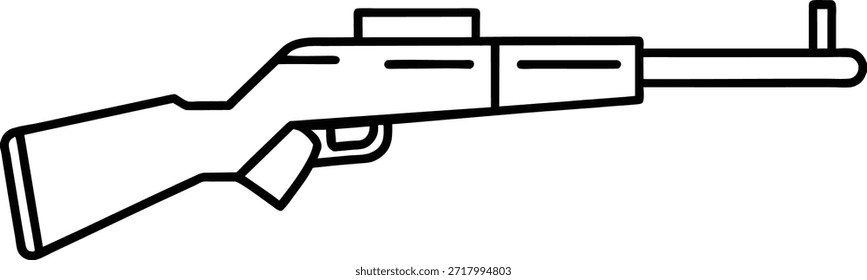 Simples ícone de arte de linha preta de uma arma de rifle. Perfeito para projetos militares, de caça ou relacionados à segurança. Ilustração vetorial limpa, facilmente escalável para vários usos. Ideal para design de site, aplicativo ou impressão.