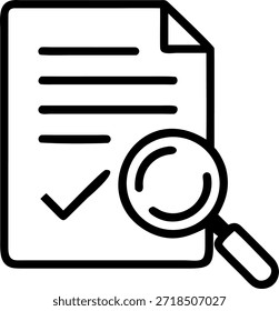 Icono de arte de línea negra simple que ilustra una operación comercial crucial, centrándose en una revisión exhaustiva de documentos y una verificación exitosa. La Imagen presenta una hoja de papel con líneas de texto, una marca de verificación que indica la finalización y una lupa que simboliza la inspección detallada y la evaluación de la precisión de los registros importantes.