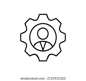 Simples ícone da arte de linha preta representando uma silhueta humana dentro de uma roda dentada, simbolizando as configurações do perfil do usuário, a personalização da conta, o suporte técnico, a administração ou as tarefas de manutenção do sistema.